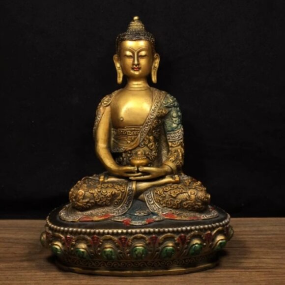 SHAKYAMUNI-BUDDHA STATUE-Bronze Metal Large Painted with Micro Carvings of Story - Picture 1 of 11